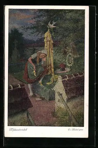 Künstler-AK Otto Kubel: Aschenputtel am Grab ihrer Mutter, Gebrüder Grimm Märchen