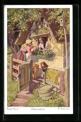 Künstler-AK Otto Kubel: Schneewittchen bekommt von der bösen Stiefmutter den vergifteten Apfel, Gebrüder Grimm Märchen