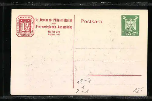 AK Hamburg, 31. Deutscher Philatelistentag und Postwertzeichen-Ausstellung 1925, Bismarck-Denkmal, Ganzsache