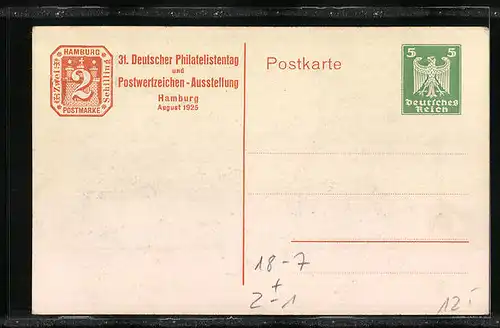 AK Hamburg-St. Pauli, 31. Deutscher Philatelistentag und Postwertzeichen-Ausstellung 1925, Landungsbrücke, Ganzsache