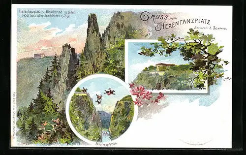 Lithographie Thale, Hexentanzplatz vom Hirschgrund gesehen