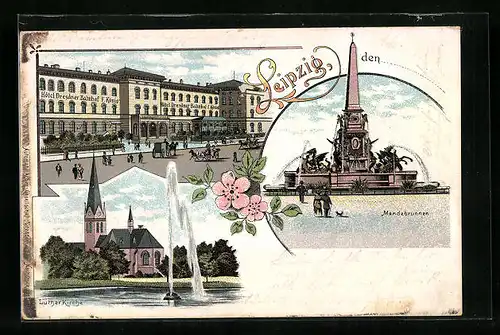 Lithographie Leipzig, Mendebrunnen und Luther Kirche