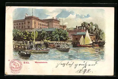 Lithographie Kiel, Marineakademie mit Ruderbooten auf dem Wasser