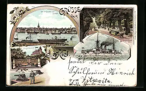 Lithographie Kiel, S.M.S. Brandenburg, Krieger-Denkmal und die Stadt von Gaarden aus gesehen