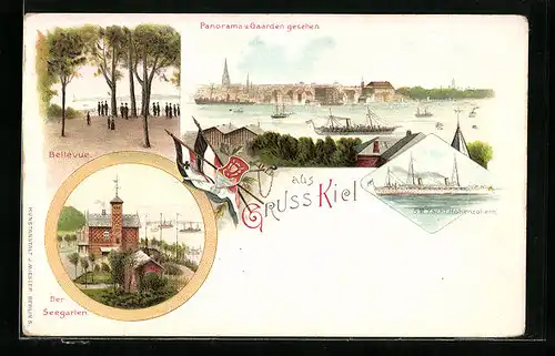 Lithographie Kiel, Panorama von Gaarden aus gesehen und Bellevue