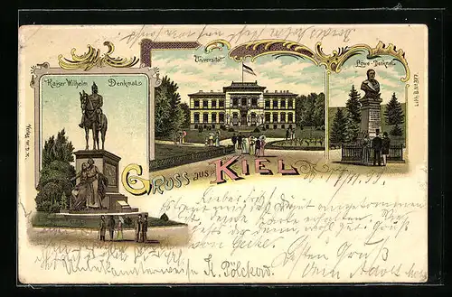 Lithographie Kiel, Universität, Löwe-Denkmal und Kaiser WIlhelm-Denkmal