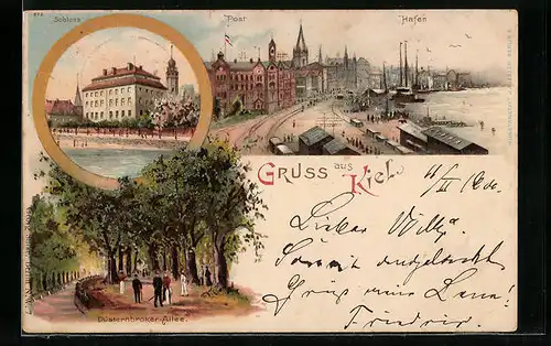 Lithographie Kiel, Post, Hafen, Schloss und Düsternbroker-Allee