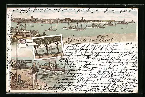 Lithographie Kiel, Schiffe im Hafen mit Matrosen und Kanone