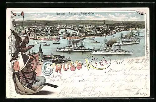 Lithographie Kiel, Panorama der Stadt und vom Hafen