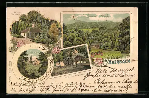 Lithographie Auerbach, Wache im Fürstenlager und Herrenhaus im Fürstenlager