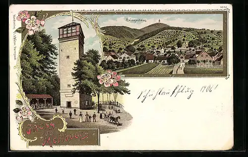 Lithographie Zwingenberg, Ortsansicht und Aussichtsturm
