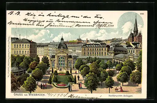 Lithographie Wiesbaden, Spaziergänger vor der Kochbrunnen-Anlage