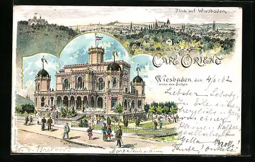 Lithographie Wiesbaden, Ortsansicht und Spaziergänger vor dem Schloss