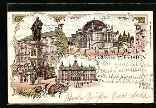 Lithographie Wiesbaden, Das neue Kgl. Theater und Kaiser Friedrich-Denkmal