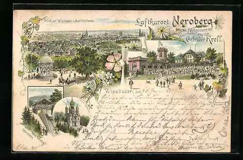 Lithographie Wiesbaden, Neroberg, Ortsansicht und Aussichtsthurm und Hotel Restaurant Gebrüder Krell