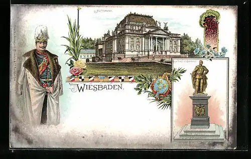 Lithographie Wiesbaden, Hoftheater und Kaiser Friedrich Denkmal