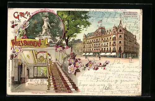 Lithographie Wiesbaden, Hotel Metrolpole und Brunnengruppe im Wintergarten