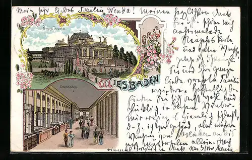 Lithographie Wiesbaden, Neues Theater und Colonnaden