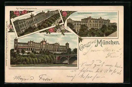Lithographie München, Nationalmuseum, Maximilianeum, Königliches Regierungsgebäude