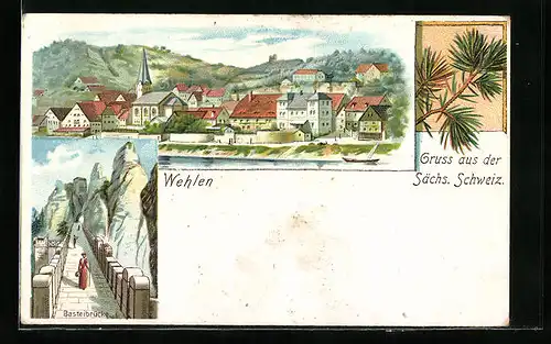 Lithographie Wehlen /Sächs. Schweiz, Teilansicht, Basteibrücke