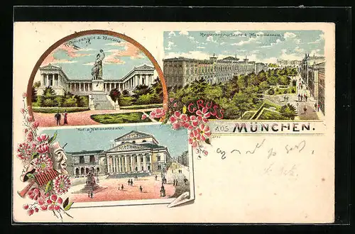 Lithographie München, Regierungsgebäude & Maximilianeum, Ruhmeshalle & Bavaria, Hof- & Nationaltheater