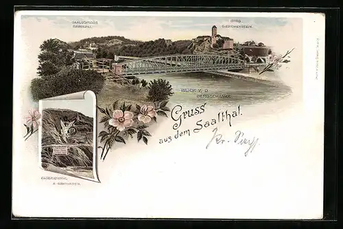 Lithographie Halle /Saale, Blick vom Gasthaus Bergschänke auf Saalschloss-Brauerei u. Burg Giebichenstein, Kaiserdenkmal