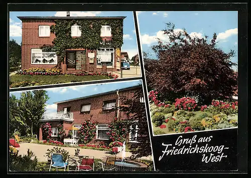 AK Friedrichskoog, Pension von Lothar Suhr, Garten, Ortspartie