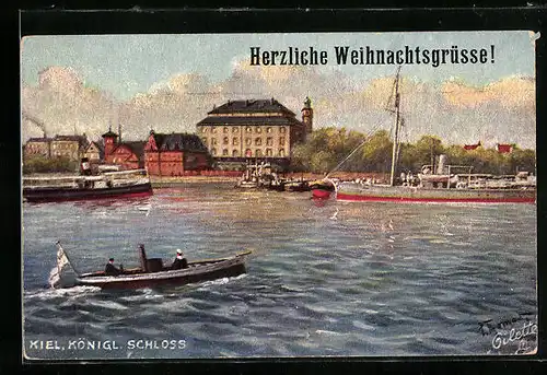 Künstler-AK Kiel, Blick übers Wasser auf das Königl. Schloss