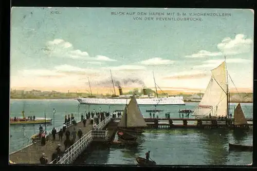 AK Kiel, Blick auf den Hafen mit S. M. Y. Hohenzollern von der Reventloubrücke