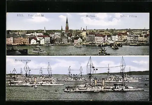 AK Kiel, Totalansicht, Rathaus und Städt. Fähre