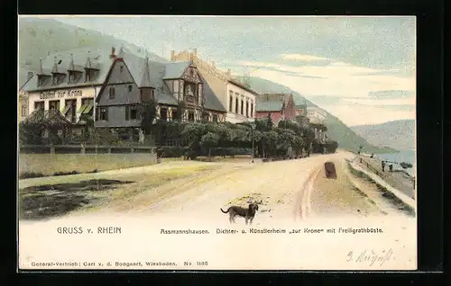 AK Assmannshausen, Dichter- und Künstlerheim zur Krone mit Freiligrathbüste