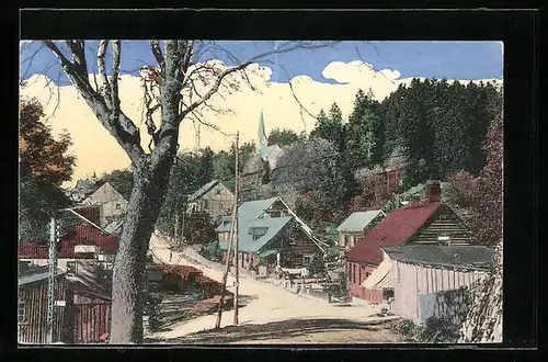 AK Schierke, Dorfstrasse mit Kirche