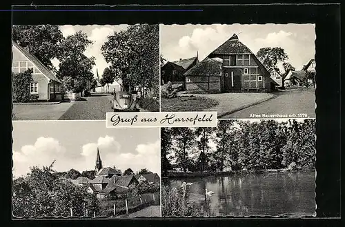 AK Harsefeld, Altes Bauernhaus, Teich, Kirche