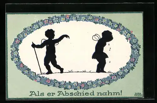 Künstler-AK Dora Heckel: Als er Abschied nahm!, Elfenpaar im Blumenkranz