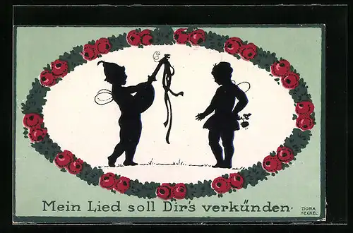 Künstler-AK Dora Heckel: Mein Lied soll Dir`s verkünden, Elfenpaar im Blumenkranz
