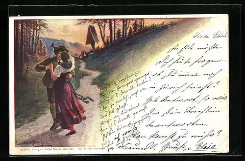 Künstler-AK E. Döcker: Junges tanzendes Paar in Tracht