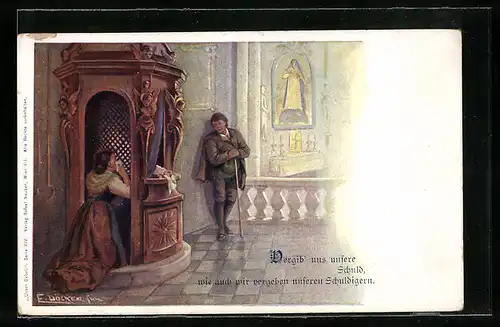 Künstler-AK E. Döcker: Flehende Dame im Beichtstuhl