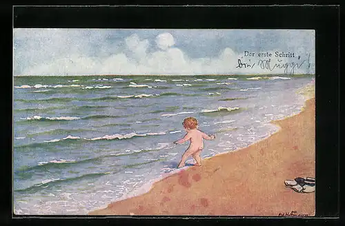 Künstler-AK Ad. Hoffmann: Der erste Schritt, Kleiner Nackedei am Strand