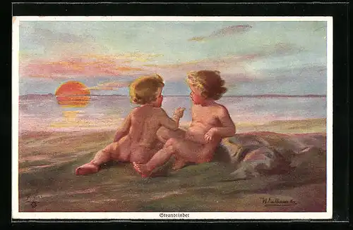 Künstler-AK Wally Fialkowska: Strandkinder, zwei kleine Nackedeis am abendlichen Strand