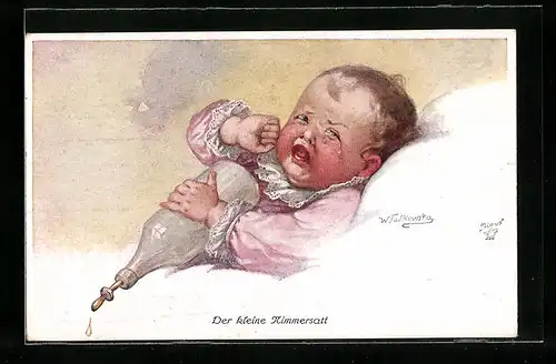 Künstler-AK Wally Fialkowska: Der kleine Nimmersatt, Baby weint nach dem die Flasche leer ist