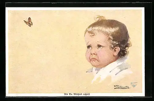 Künstler-AK Wally Fialkowska: Als Du Abschied nahmst, Kind weint dem Schmetterling hinterher
