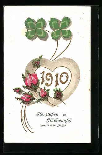 Präge-AK Kleeblatt und Rose zum Neujahr 1910