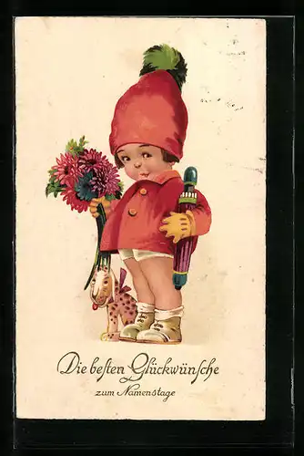 AK Mädchen mit Blumen zum Namenstag