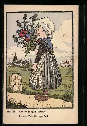 Künstler-AK Hansi: Lorraine, Mädchen mit weisser Haube und Blumenstrauss unterwegs auf der Landstrasse