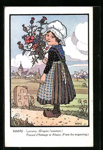 Künstler-AK Hansi: Lorraine, Mädchen mit weisser Haube und Blumenstrauss unterwegs auf der Landstrasse