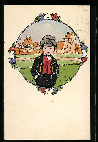 Künstler-AK Hansi: Junge in Tracht auf einer Wiese