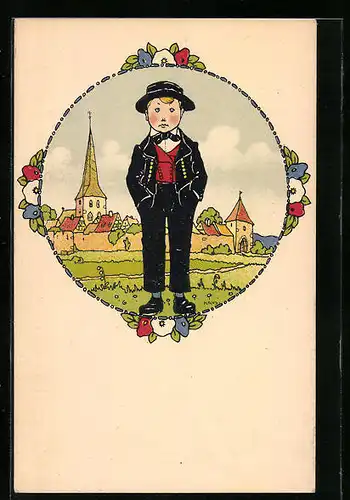 Künstler-AK Hansi: Junge in Tracht vor Kirche
