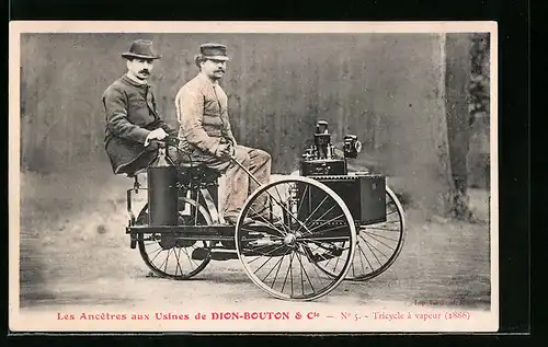 AK Les Ancetres aux Usines de Dion-Bouton & Cie., Tricycle à vapeur 1886