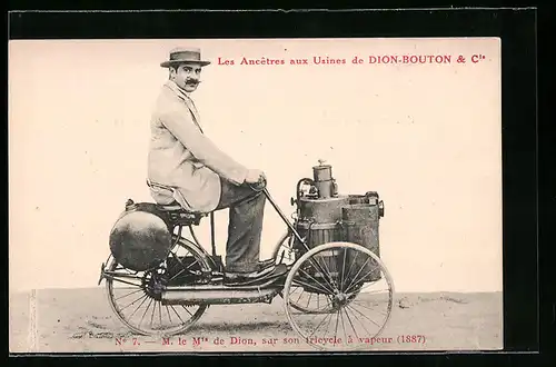 AK Les Ancetres aux Usines de Dion-Bouton & Cie., M. le M. de Dion sur son tricycle à vapeur 1887