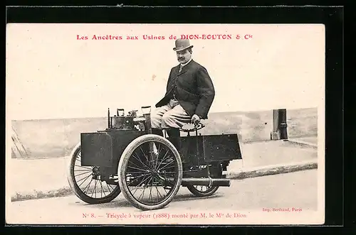 AK Les Ancêtres aux Usines de Dion-Bouton & Cie, Triciycle à vapeur 1888 monté par M. le Mis de Dion